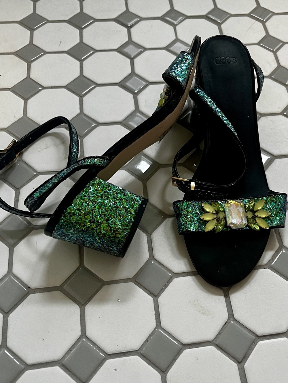 ASOS Green Glitter Block Heel Sandals with Jewel Cluster
